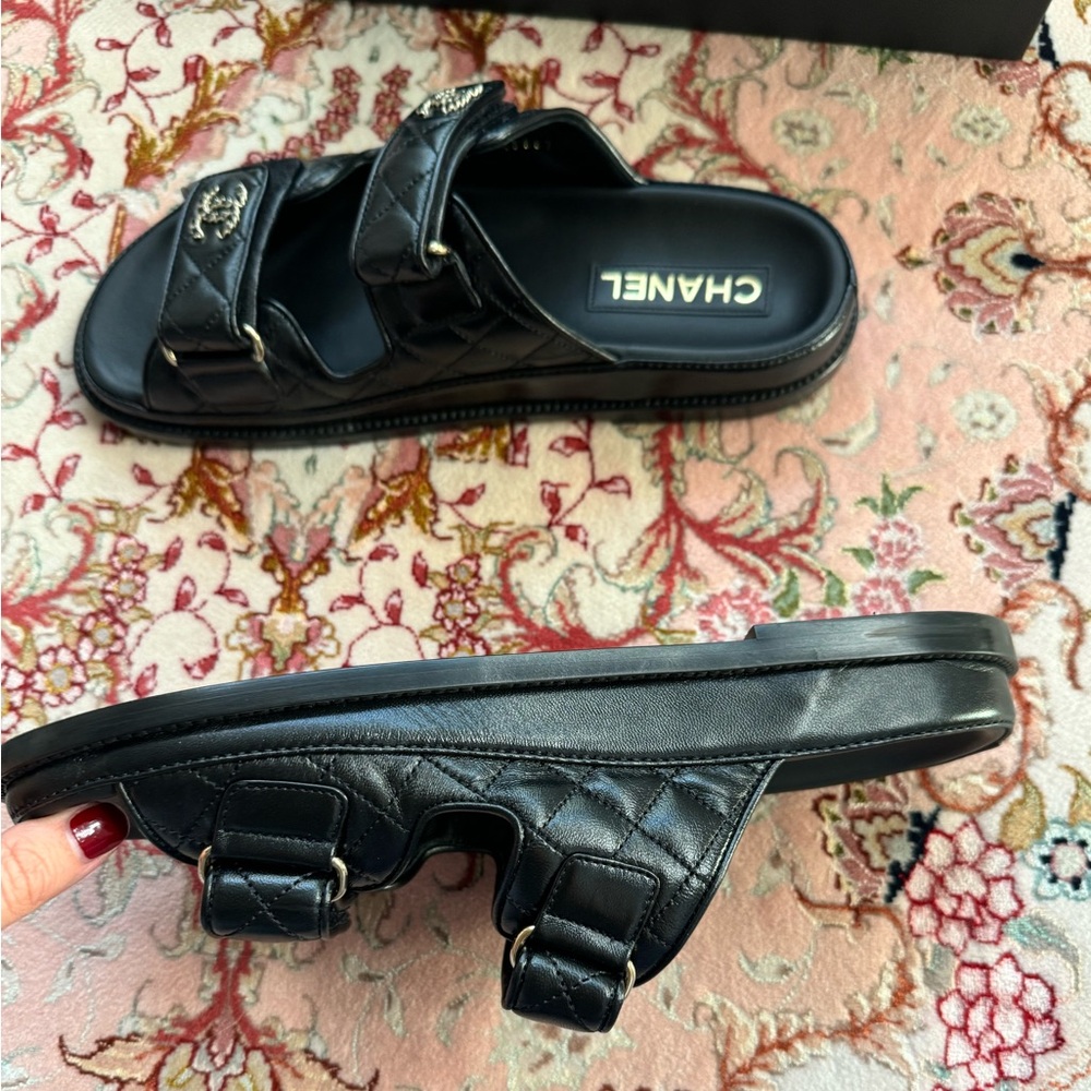CHANEL Black Sandals with Silver Logo - Picture 6 of 14